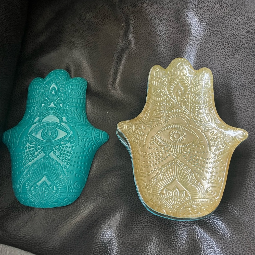 Decorative Hamsa Hand Trays - Teal and Gold